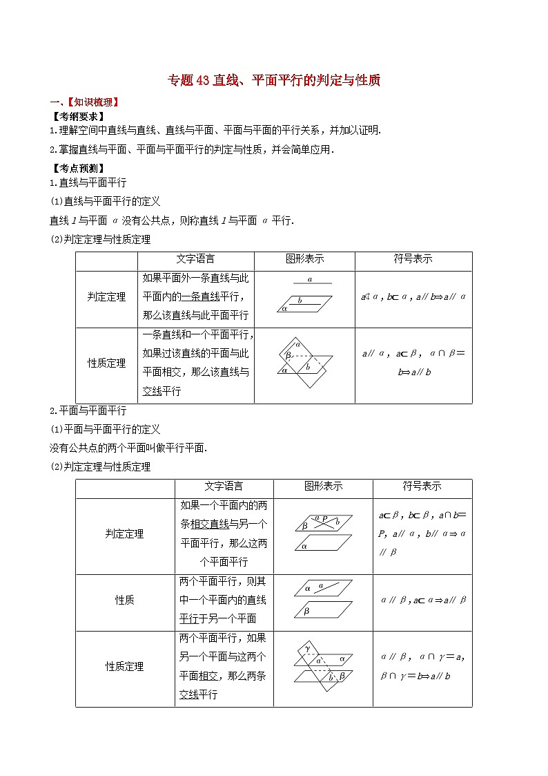 2024年新高考数学一轮复习题型归类与强化测试专题43直线平面平行的判定与性质（教师版）01