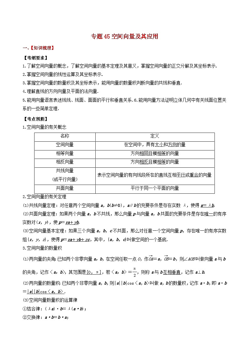 2024年新高考数学一轮复习题型归类与强化测试专题45空间向量及其应用（学生版）01