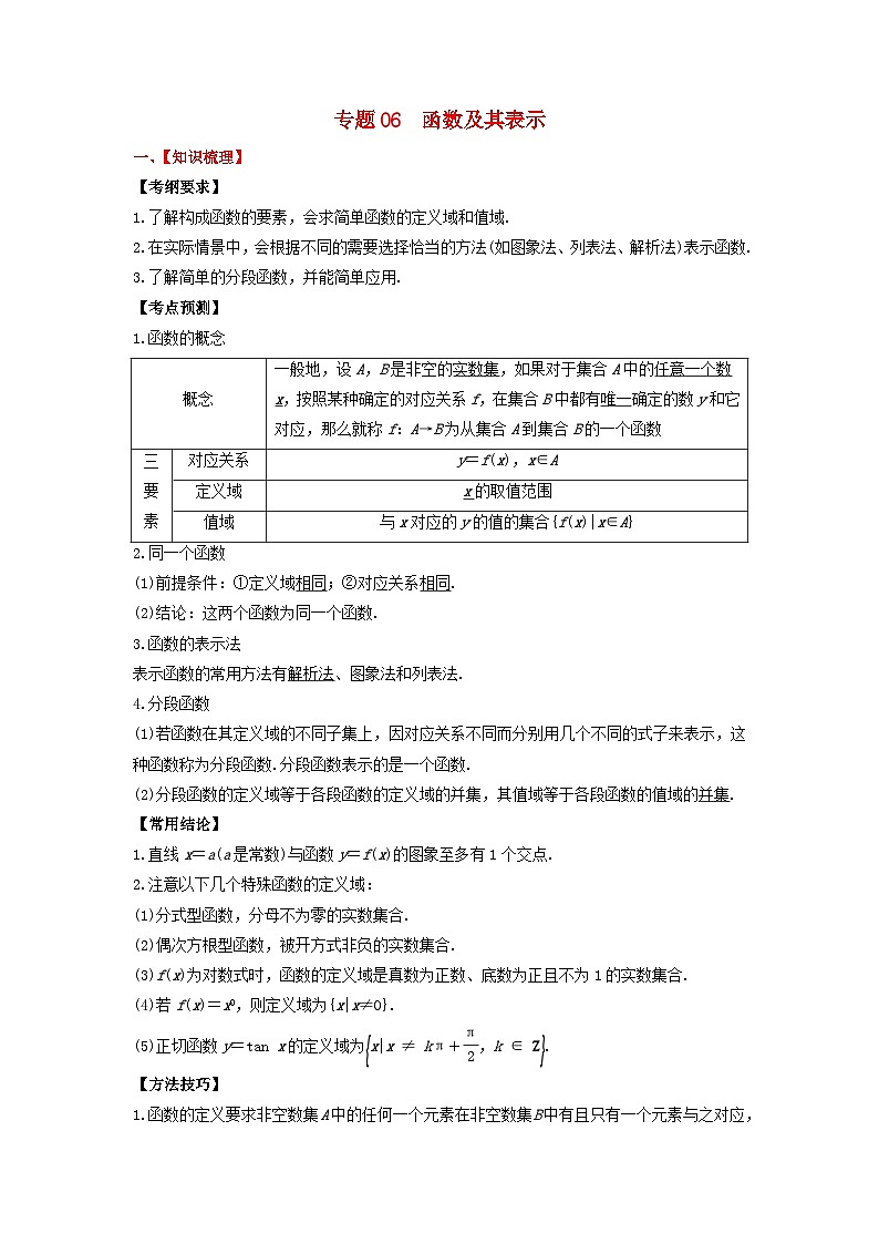 2024年新高考数学一轮复习题型归类与强化测试专题06函数及其表示（教师版）01