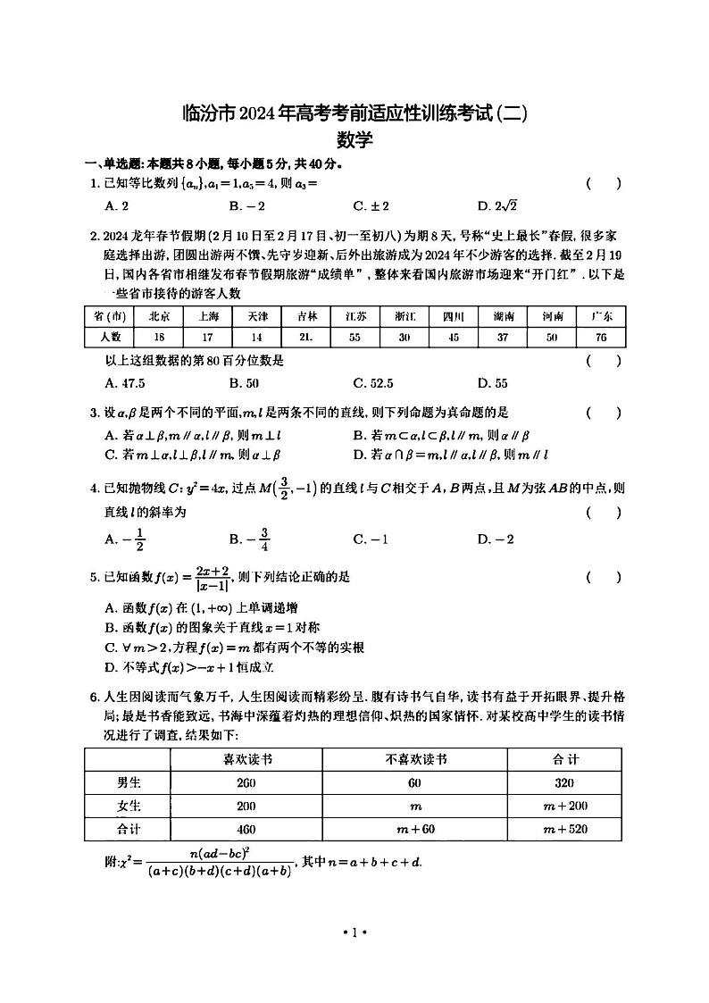 20240401-山西省临汾市2024年高考考前适应性训练考试（二）（临汾二模）-数学试卷与答案第1页