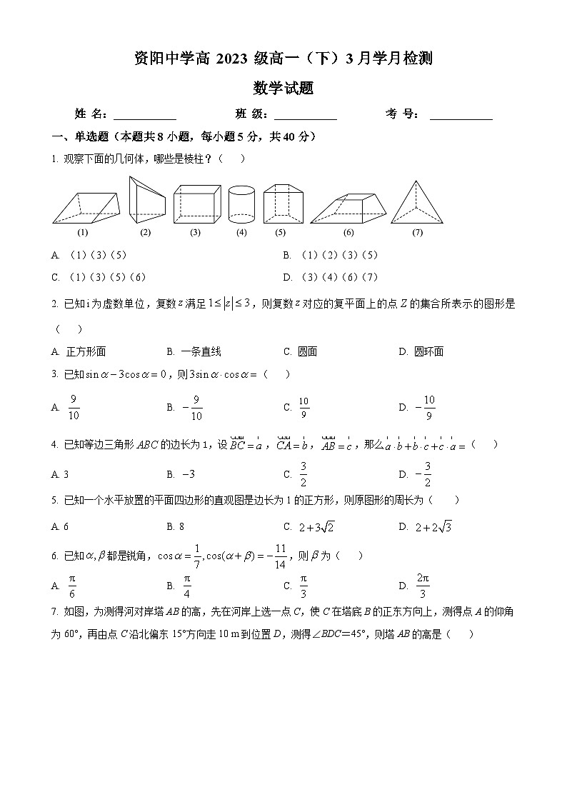 四川省资阳中学2023-2024学年高一下学期3月月考数学试题（原卷版+解析版）01