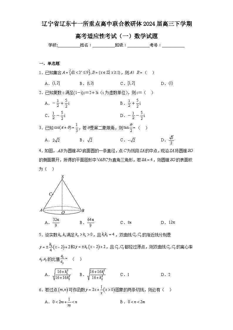 辽宁省辽东十一所重点高中联合教研体2024届高三下学期高考适应性考试（一）数学试题及答案第1页