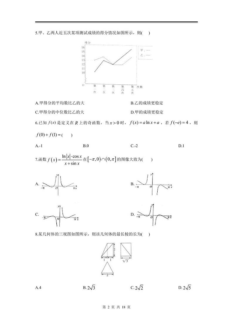 2024年高三理数第一次模拟测试（全国I卷）第2页