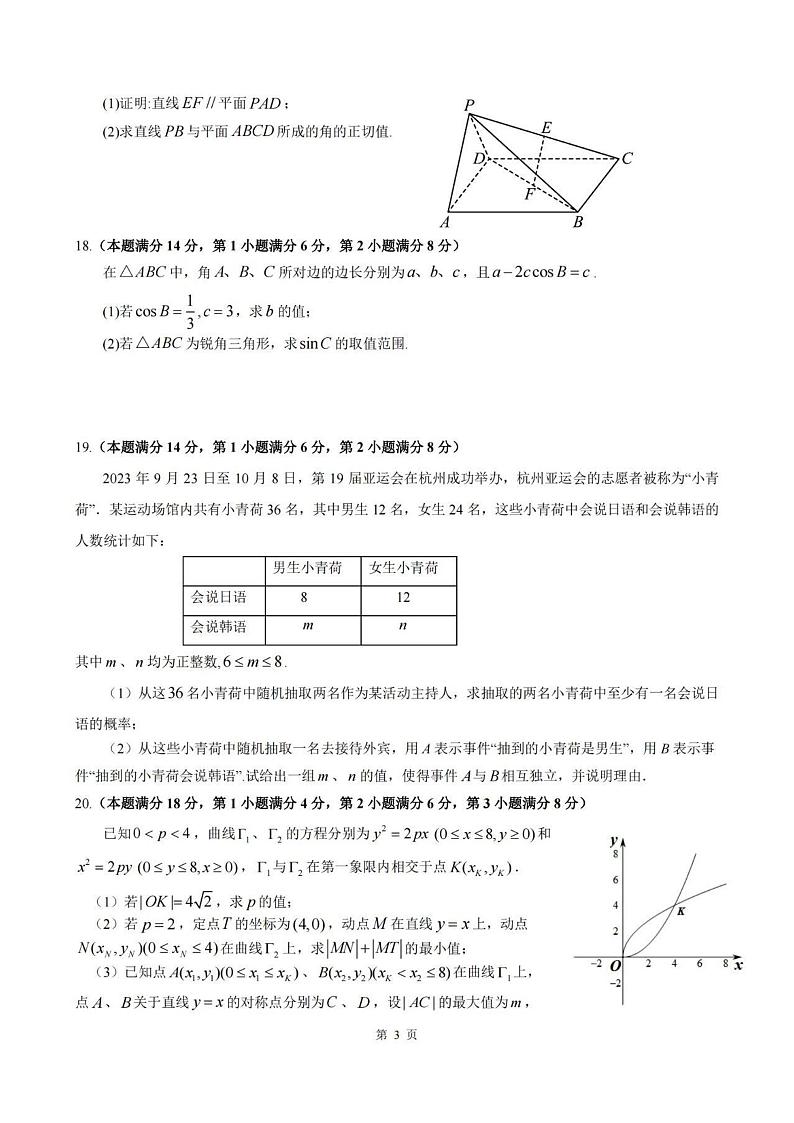 2024上海市闵行区高三一模数学试卷及答案03