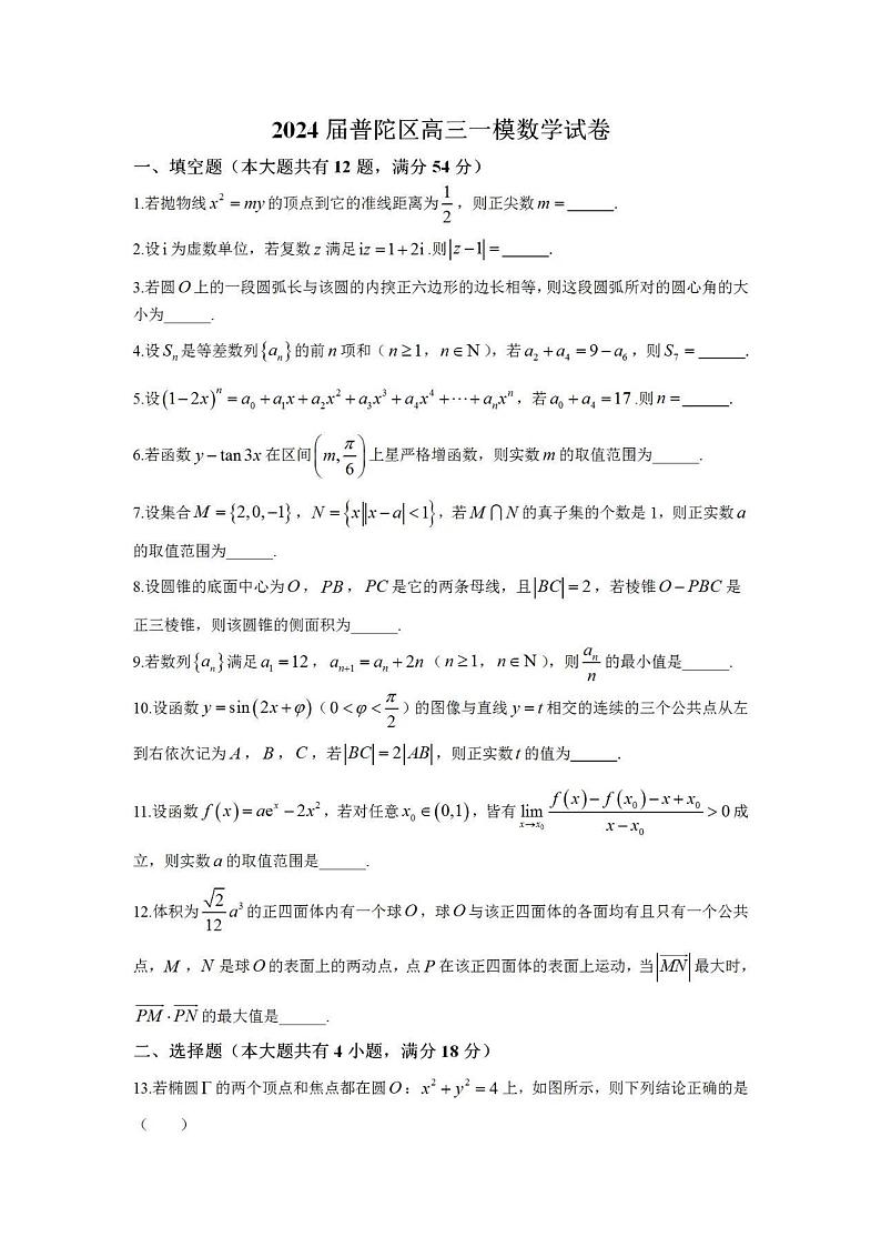 2024上海市普陀区高三一模数学试卷及答案01