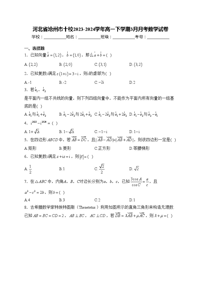 河北省沧州市十校2023-2024学年高一下学期3月月考数学试卷(含答案)01