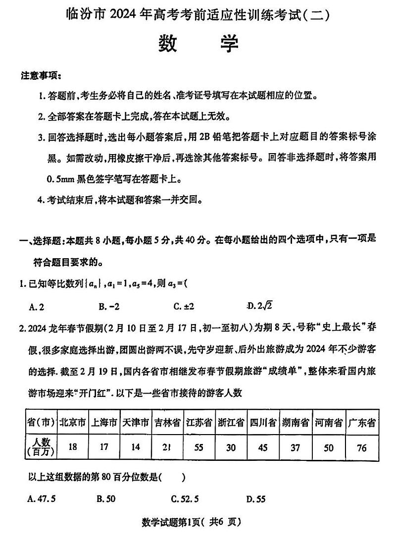 山西省临汾市2024届高三下学期考前适应性训练考试（临汾二模）数学01