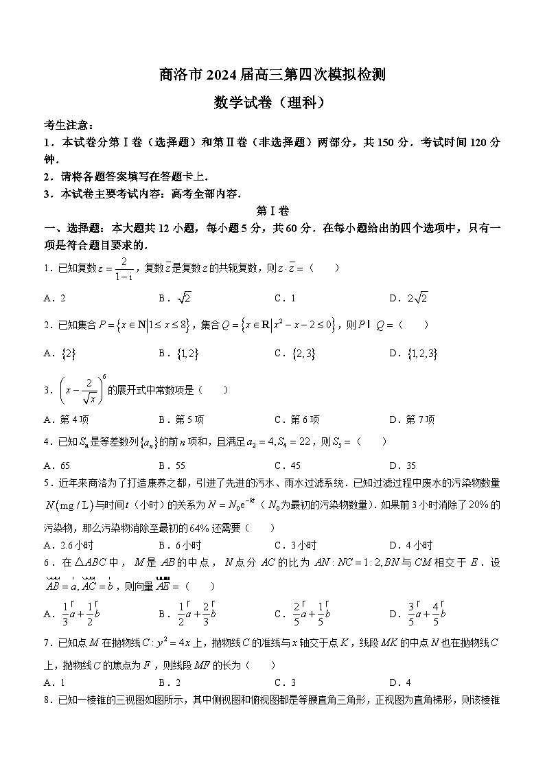 2024商洛高三下学期第四次模拟检测试题数学（理）含解析01