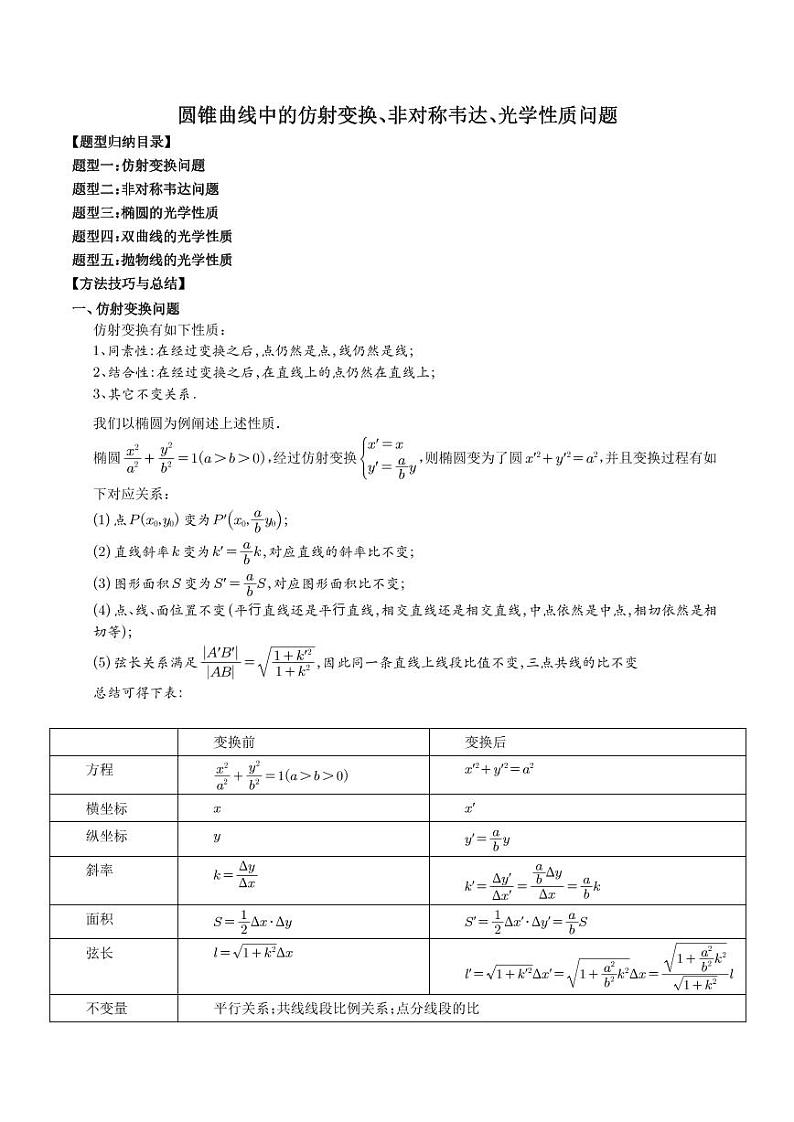 圆锥曲线中的仿射变换、非对称韦达、光学性质问题（解析版）第1页