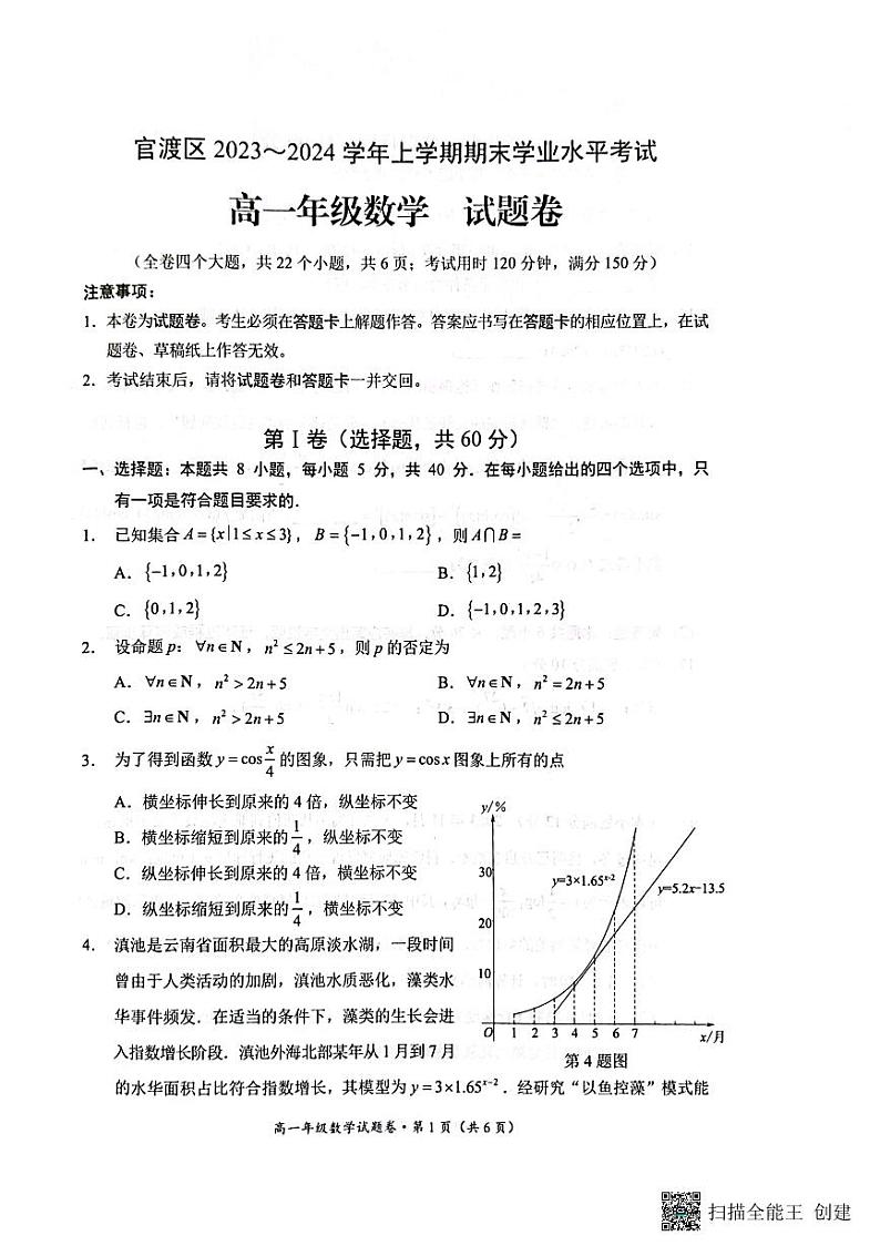 云南省昆明市官渡区2023-2024学年高一上学期1月期末数学试题第1页