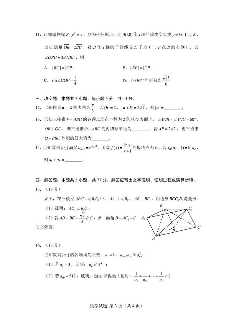 2024年2月“圆梦杯”高三模拟考试（四）数学试卷及参考答案03