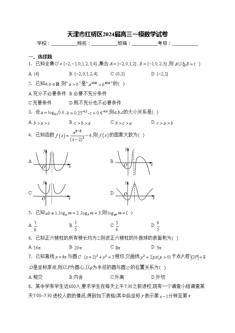 天津市红桥区2024届高三一模数学试卷(含答案)第1页