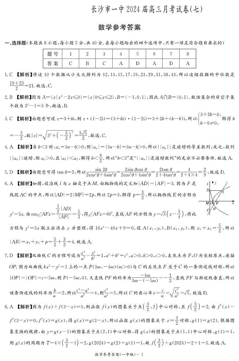 长沙市一中2024届高三月考试卷(七)答案第1页