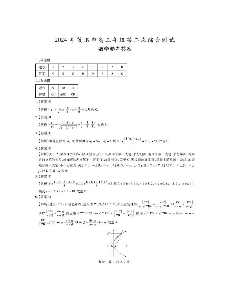 2024年茂名市高三年级二模数学答案第1页
