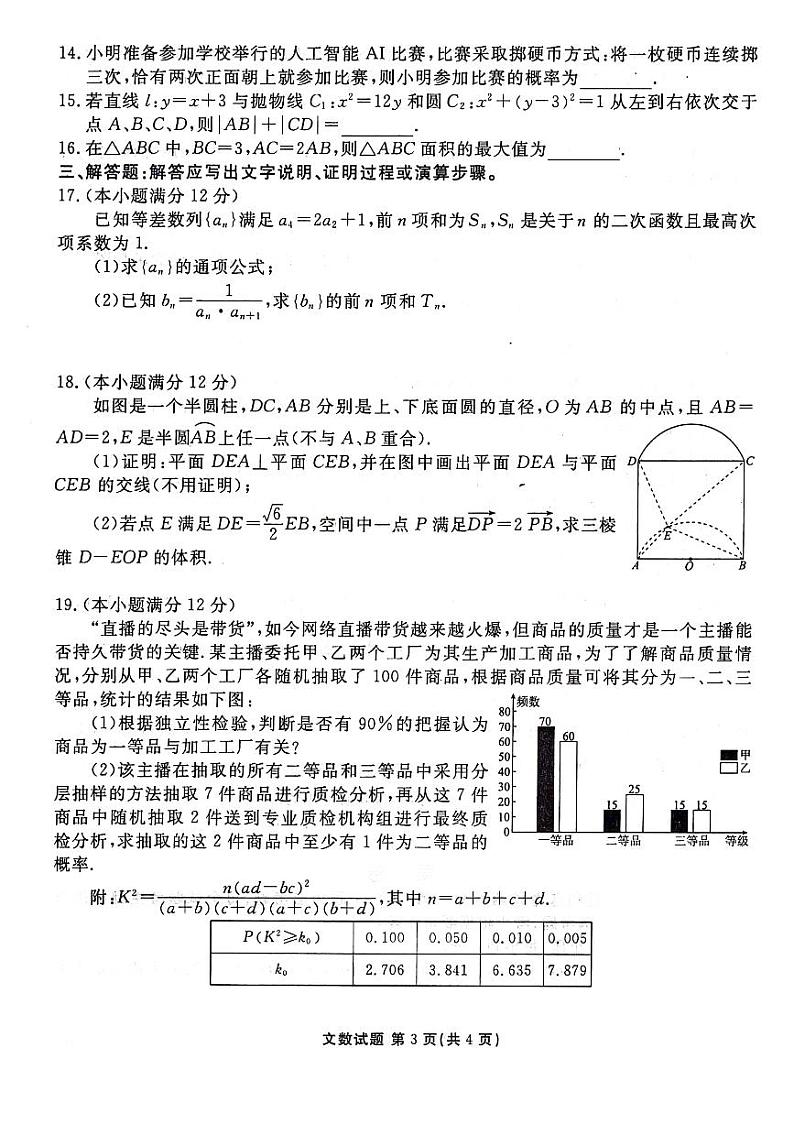 2024届陕西省榆林市高三下学期三模文数试题03