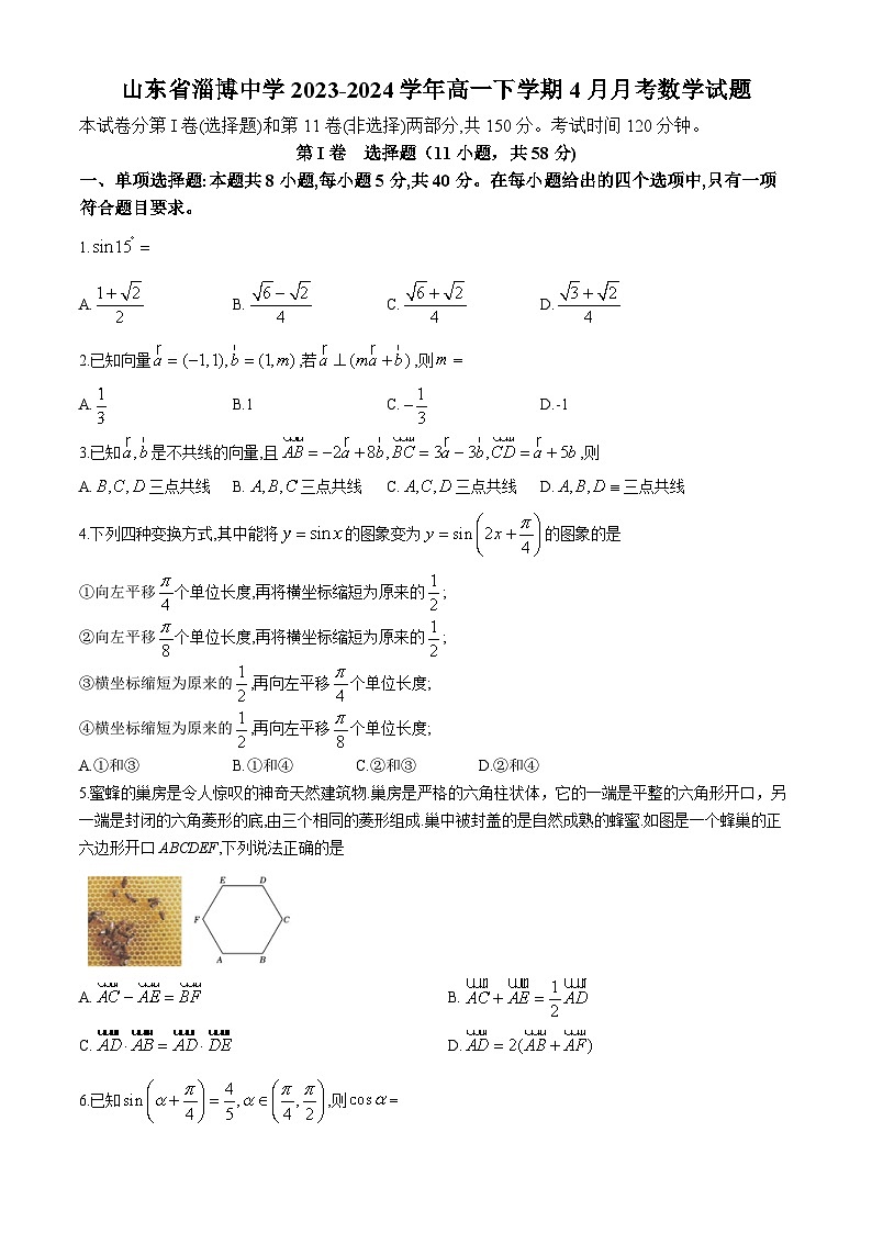 山东省淄博中学2023-2024学年高一下学期4月月考数学试题(无答案)01