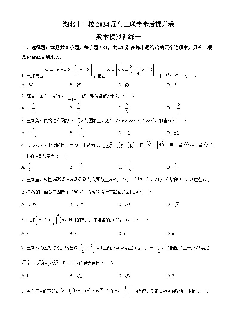 湖北省十一校2024届高三联考考后提升数学模拟训练一（原卷版）第1页