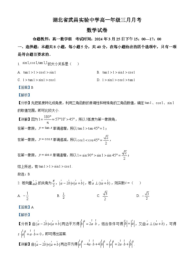 湖北省武昌实验中学2023-2024学年高一下学期3月月考数学试卷 Word版含解析第1页