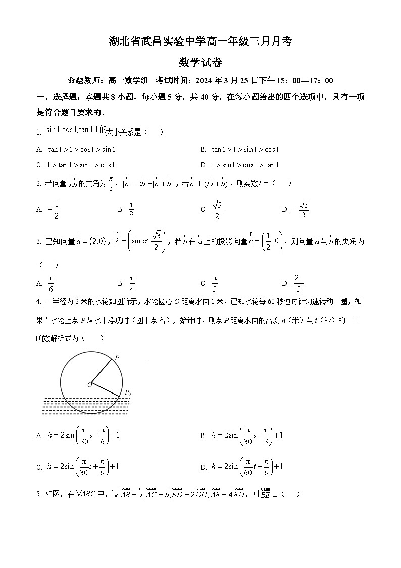 湖北省武昌实验中学2023-2024学年高一下学期3月月考数学试卷 Word版无答案第1页