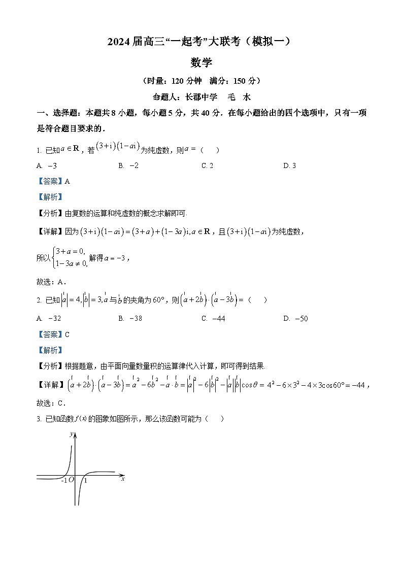 湖南省“一起考”大联考2023-2024学年高三下学期模拟考试数学（一）试题（Word版附解析）01