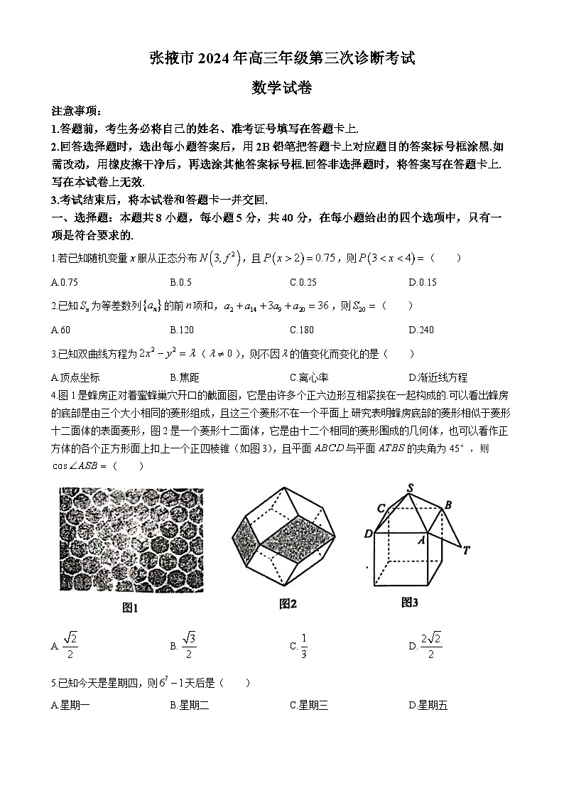 甘肃省张掖市2023-2024学年高三下学期第三次诊断考试数学试卷(无答案)01