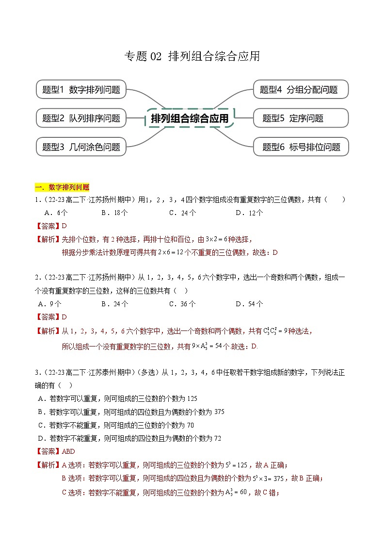 【期中复习】2023-2024学年（苏教版2019选修二）高二数学下册专题02+排列组合综合应用专题训练.zip01