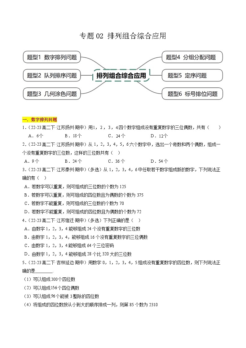 【期中复习】2023-2024学年（苏教版2019选修二）高二数学下册专题02+排列组合综合应用专题训练.zip01