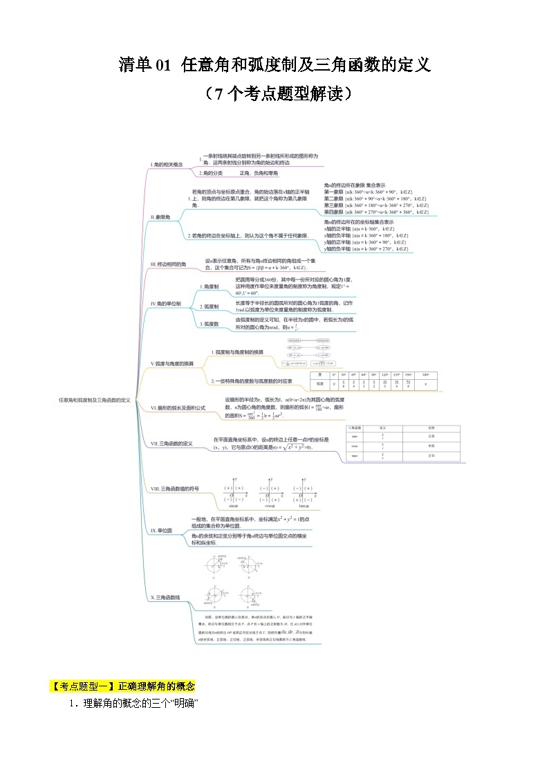 【期中复习】人教B版2019 2023-2024学年必修第三册高一下册数学 专题01 任意角和弧度制及三角函数的定义（考点梳理）.zip01