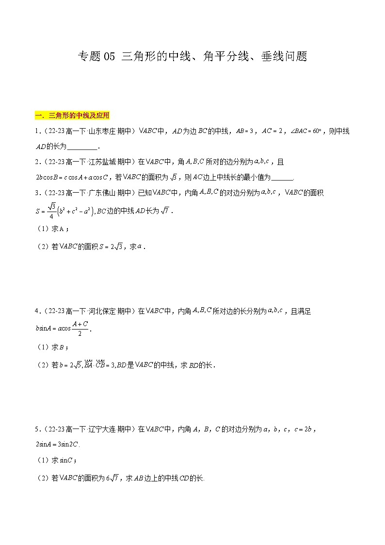 【期中复习】苏教版2019必修第二册2023-2024学年高一下册数学 专题05 三角形的中线、角平分线、垂线问题（考点专练）（原卷版）第1页