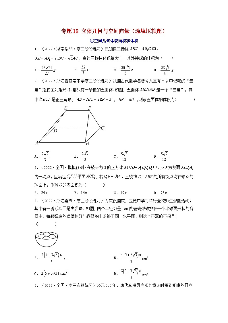 新高考版2023年高考数学必刷压轴题专题18立体几何与空间向量选填压轴题（学生版）第1页