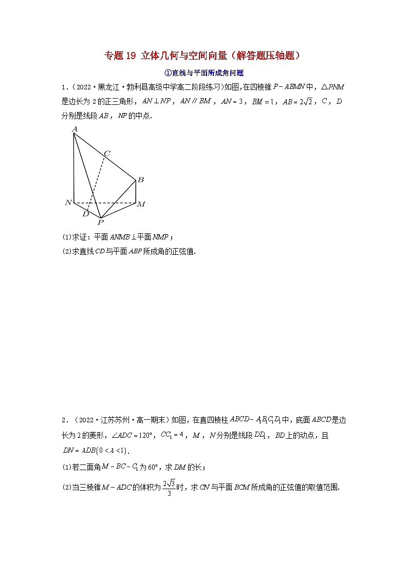 新高考版2023年高考数学必刷压轴题专题19立体几何与空间向量解答题压轴题（学生版）01