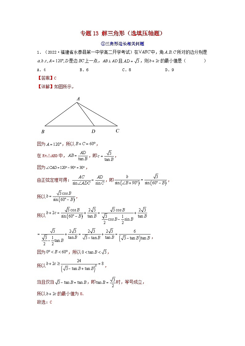 新高考版2023年高考数学必刷压轴题专题13解三角形选填压轴题（教师版）01
