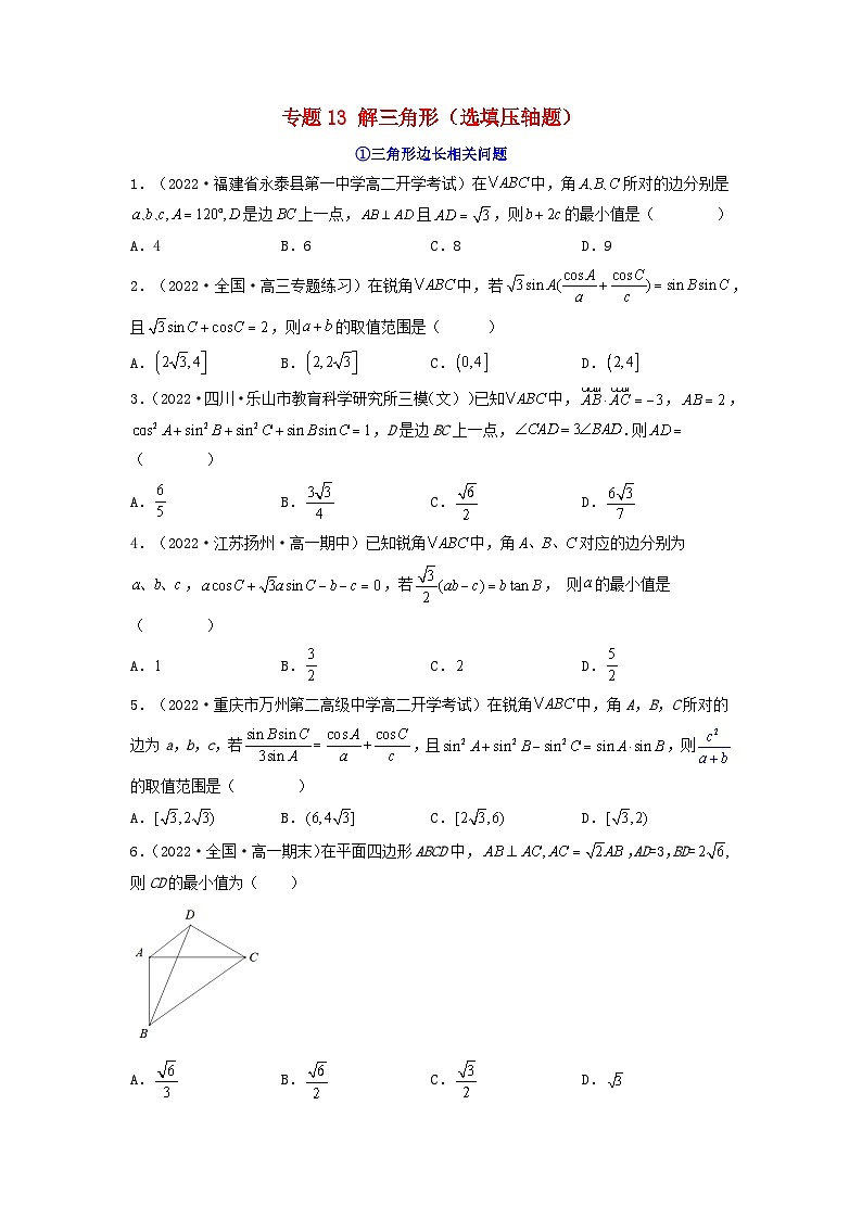 新高考版2023年高考数学必刷压轴题专题13解三角形选填压轴题（学生版）01