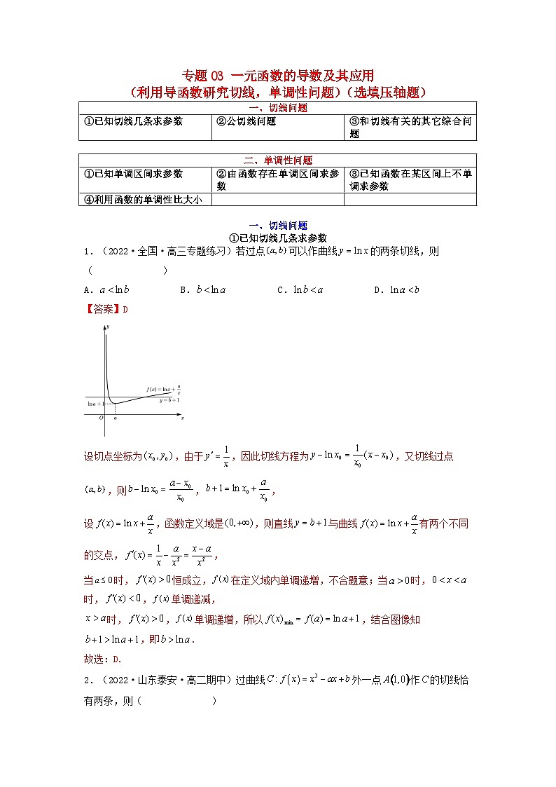 新高考版2023年高考数学必刷压轴题专题03一元函数的导数及其应用利用导函数研究切线单调性问题选填压轴题（教师版）第1页