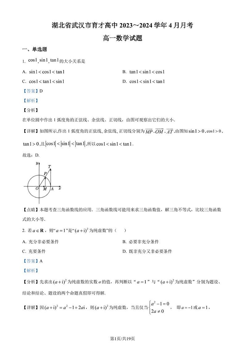 湖北武汉育才高级中学2024年高一下学期4月月考数学试题+答案01