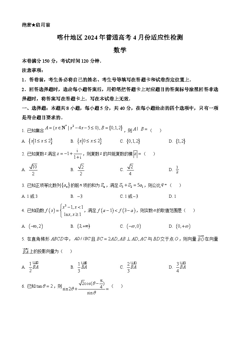 新疆喀什地区2023-2024学年高三下学期4月适应性检测数学试题（原卷版+解析版）01