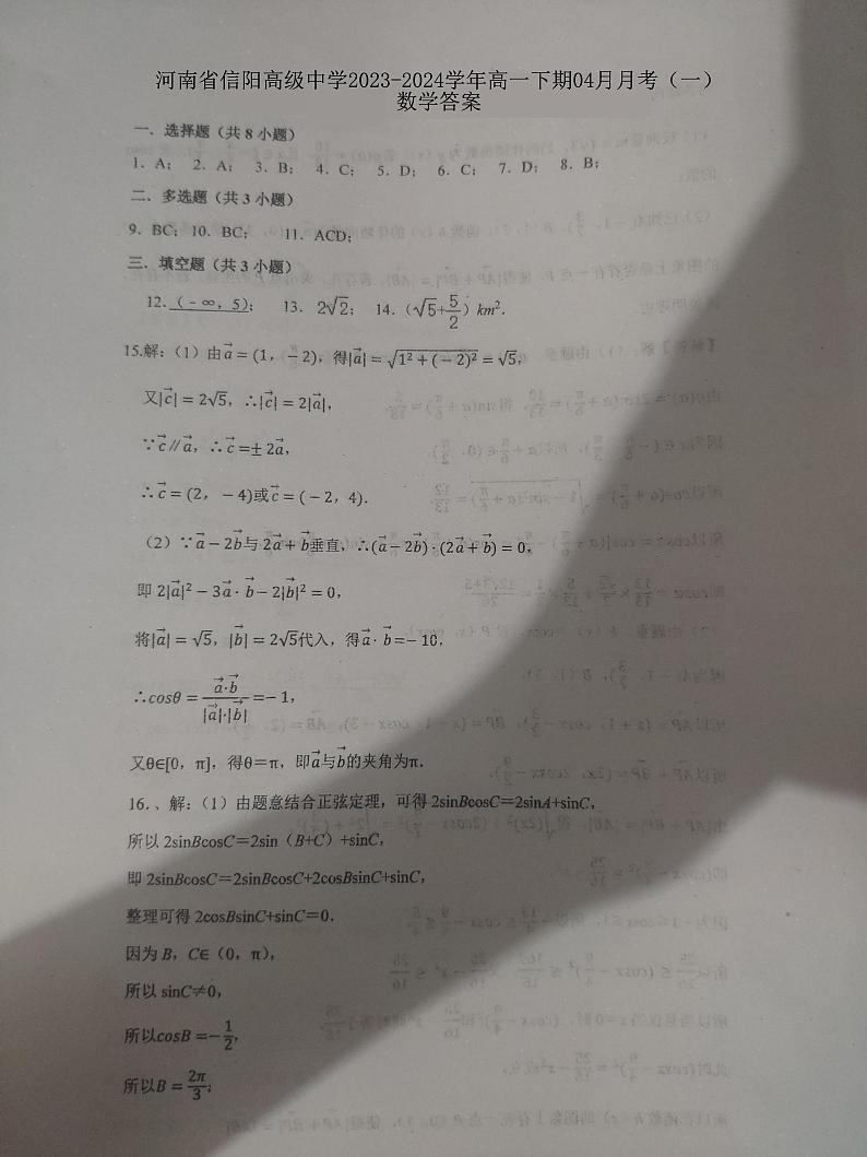 2024信阳高级中学高一下学期4月月考试题数学含答案01