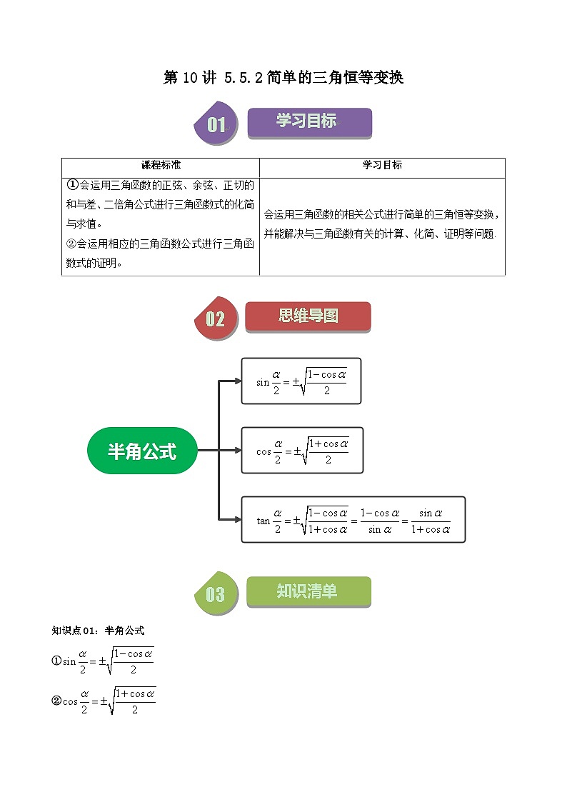 人教A版高中数学（必修第一册）同步讲义第42讲 5.5.2简单的三角恒等变换（教师版）第1页