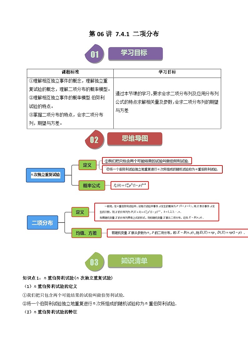 人教A版高中数学（选择性必修三）同步讲义第13讲 7.4.1 二项分布 （2份打包，原卷版+教师版）01