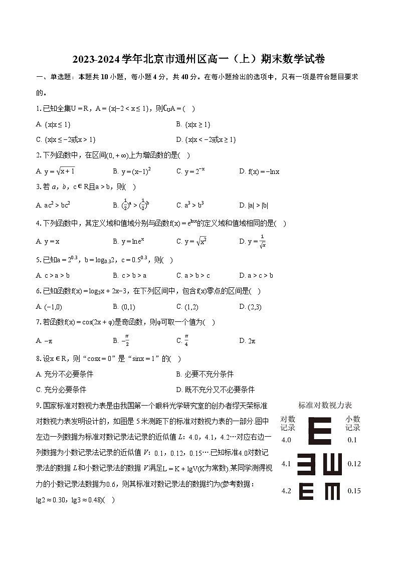 2023-2024学年北京市通州区高一（上）期末数学试卷（含详细答案解析）第1页