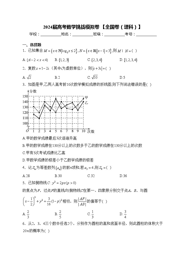 2024届高考数学挑战模拟卷 【全国卷（理科）】(含答案)第1页