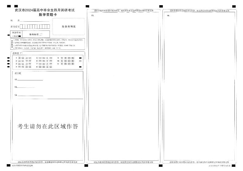 湖北省武汉市2024届高中毕业生四月调研考试数学试卷01