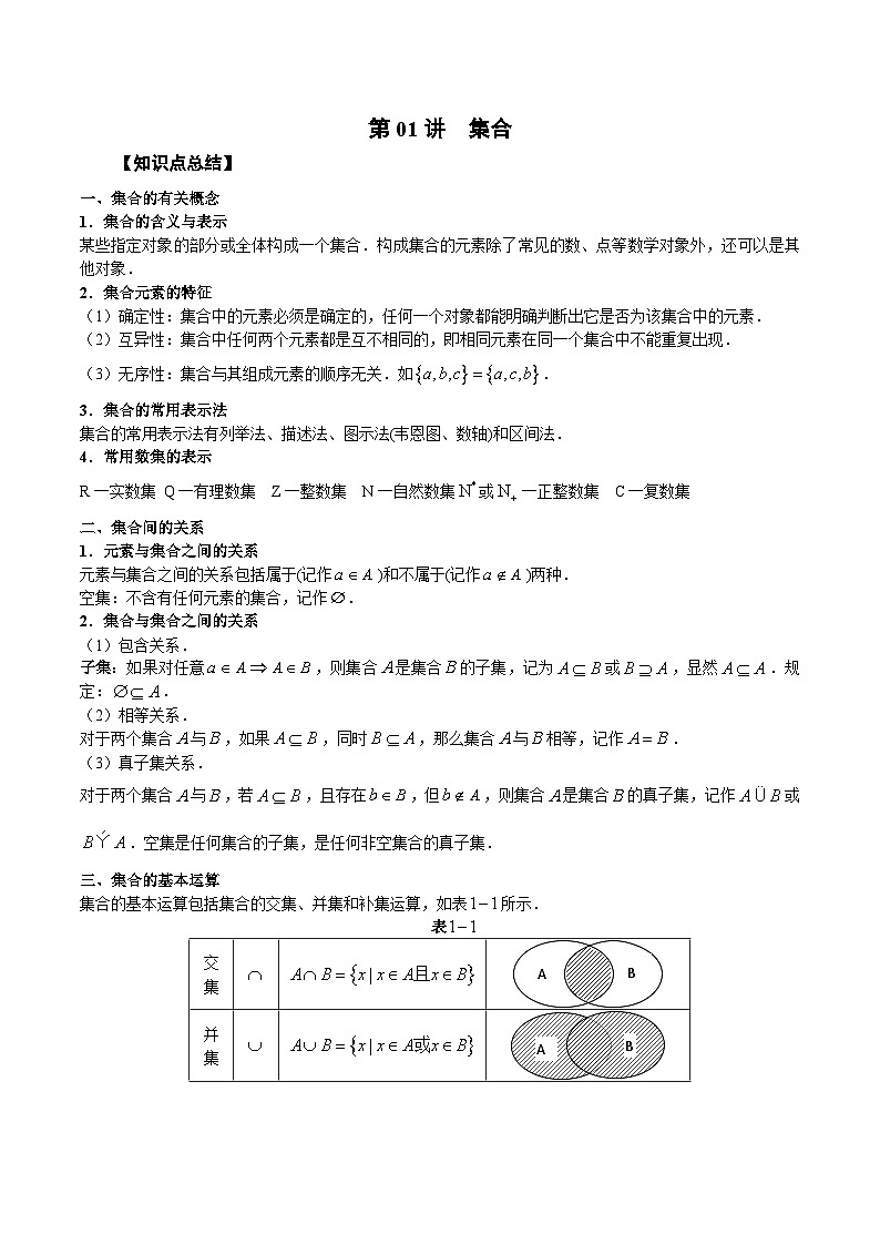 新高考艺术生40天突破数学90分讲义第01讲集合(原卷版+解析)第1页