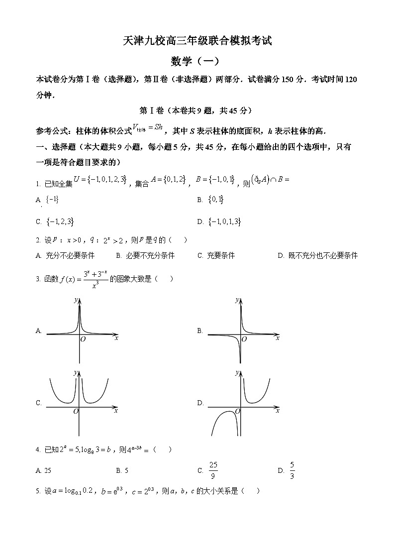 天津市九校2024届高三下学期联合模拟考试（一）数学试卷（原卷版）第1页