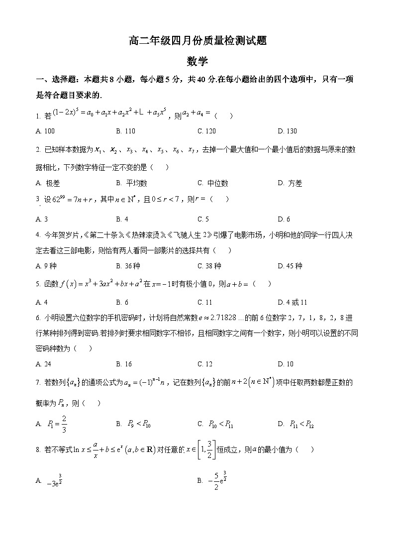 山东省临沂市费县费县第一中学2023-2024学年高二下学期4月月考数学试题（原卷版）第1页