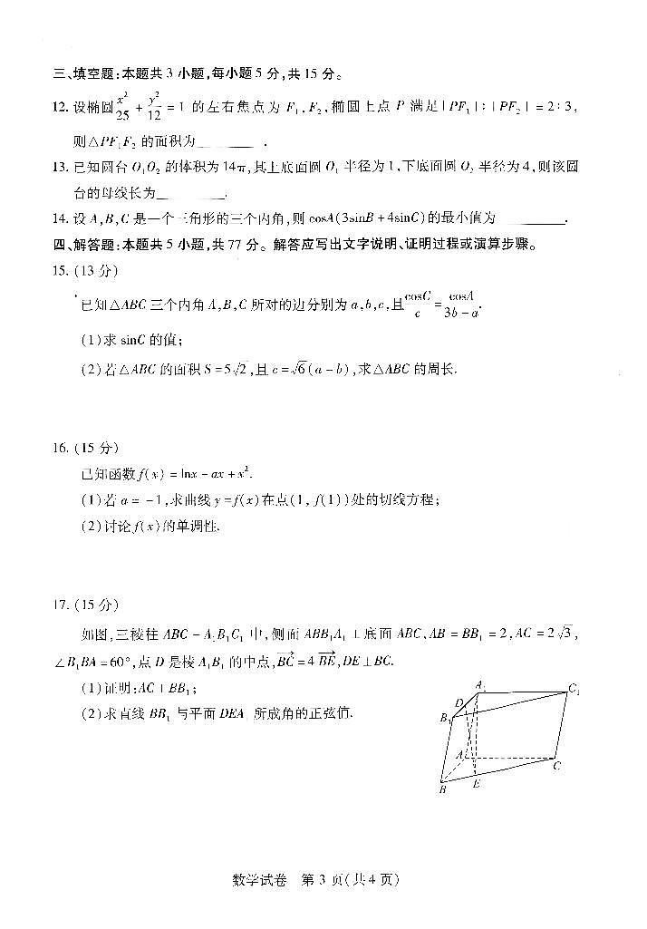 2024年武汉市高三四调数学试卷和答案03