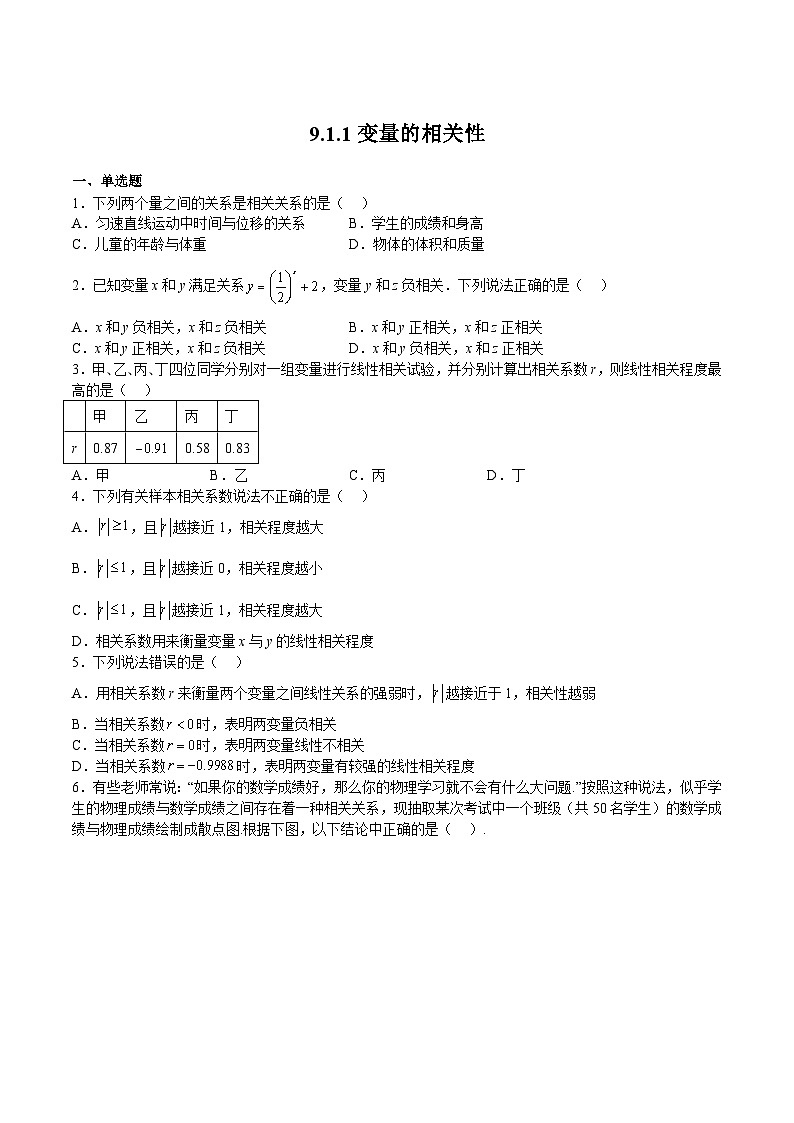 9.1.1 变量的相关性（题型专训）-高二数学同步精品课堂（苏教版2019选择性必修第二册）01