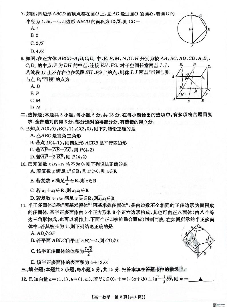 2024沧州沧衡学校联盟高一下学期4月期中考试数学PDF版含解析第2页