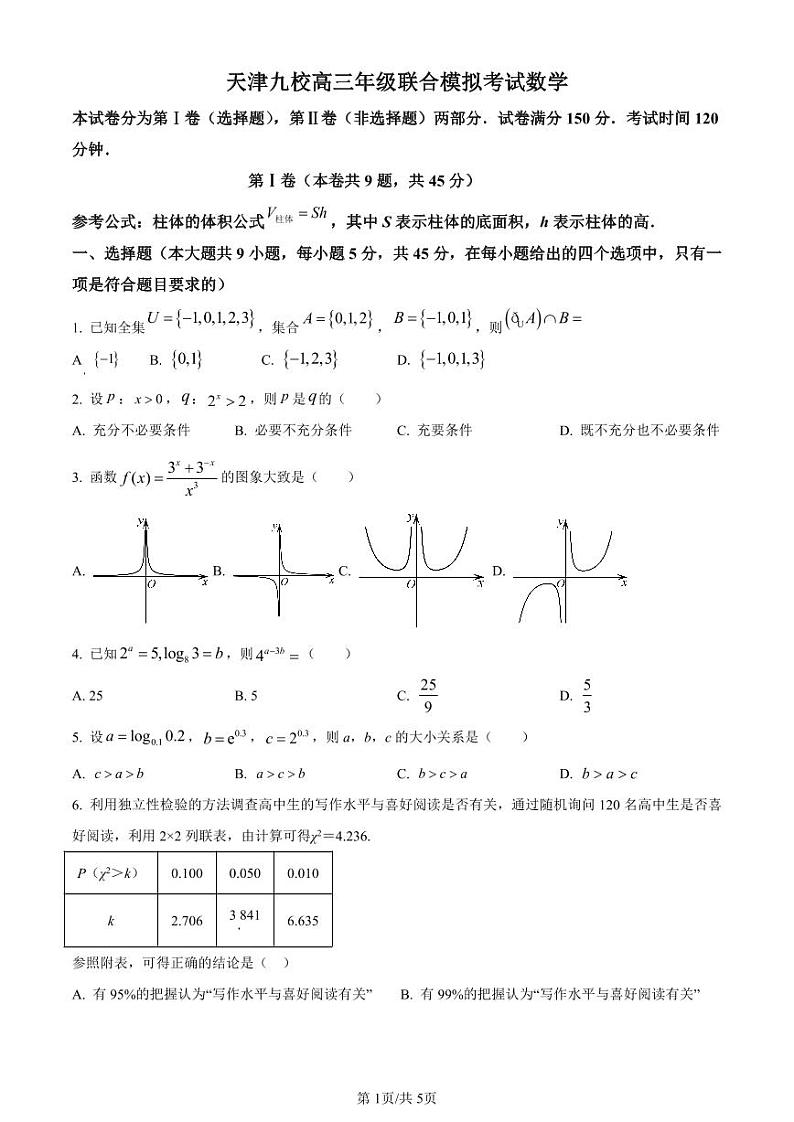 天津市九校2024届高三下学期联合模拟考试（一）数学试卷（原卷版）第1页