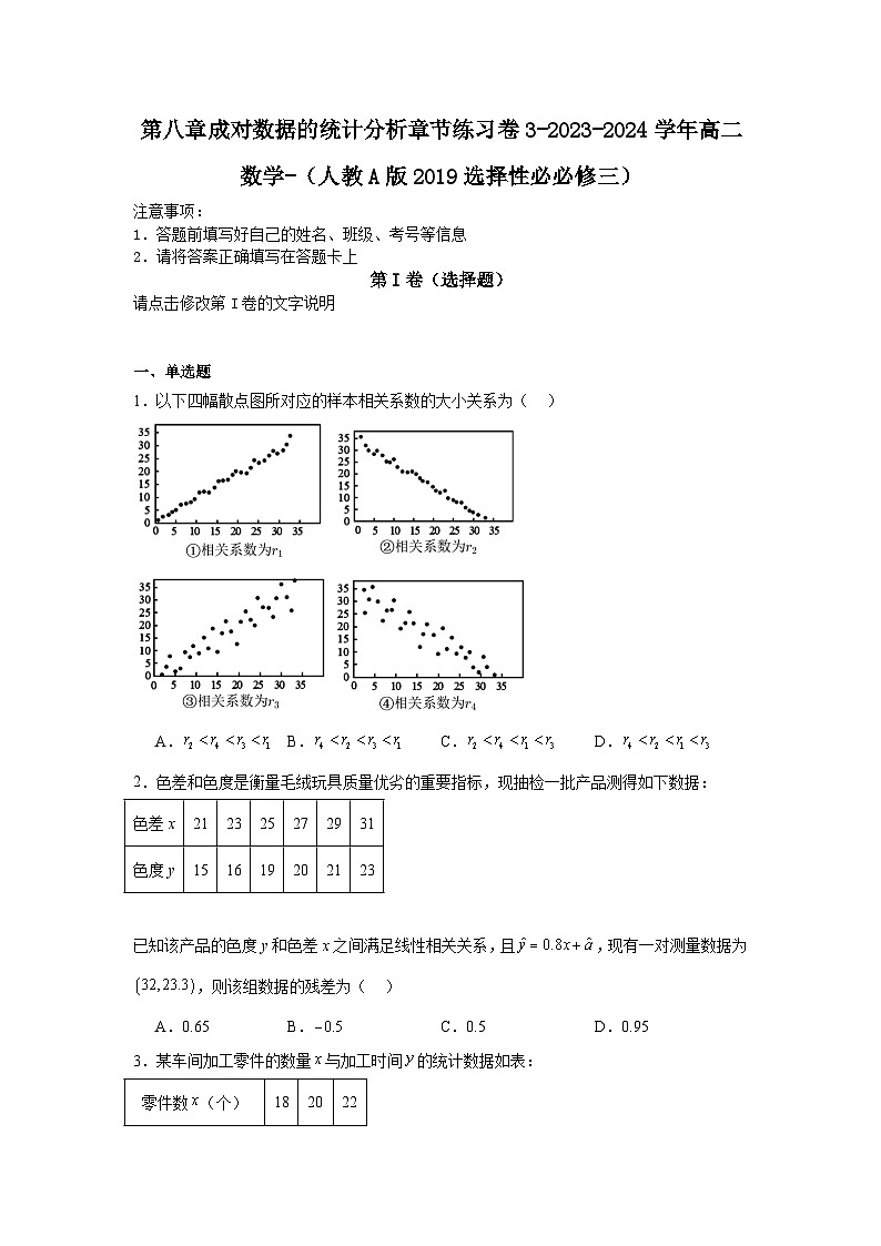 第八章成对数据的统计分析章节练习卷3-2023-2024学年高二数学-（人教A版2019选择性必修三）第1页